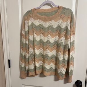 Striped Knit Sweater - Tan, Green, and Cream